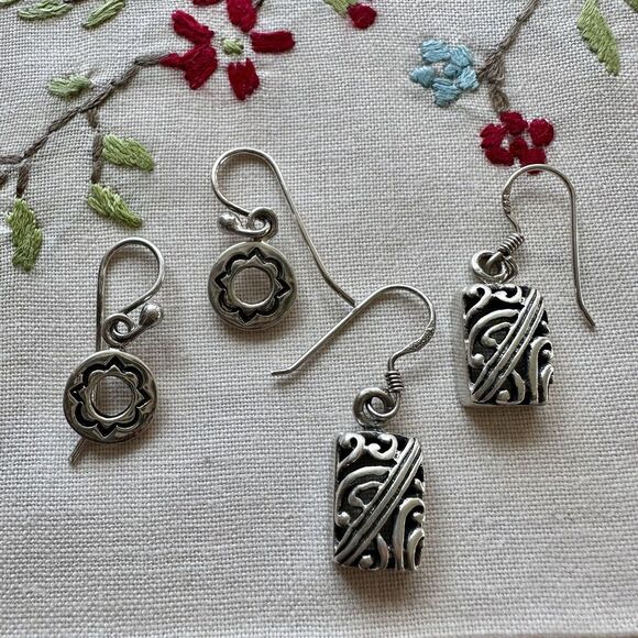 VTG 2 Pairs Dangle Earrings 1" Geometric Ornate Filigree‎ 925 Sterling Silver - Picture 1 of 10